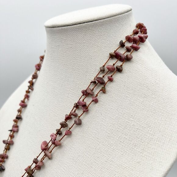 Mauve Stone Chip 3 Strand Polished Black Stone Pendant Tassel Boho Necklace 25” - Picture 9 of 12